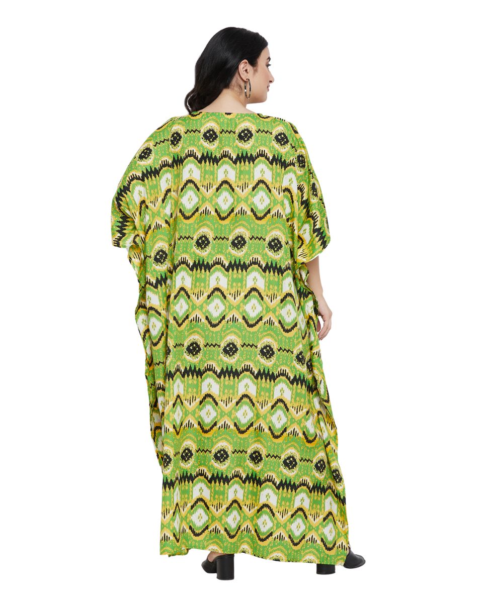 Tribal Printed Green Polyester Kaftan Dress For Plus Size Women