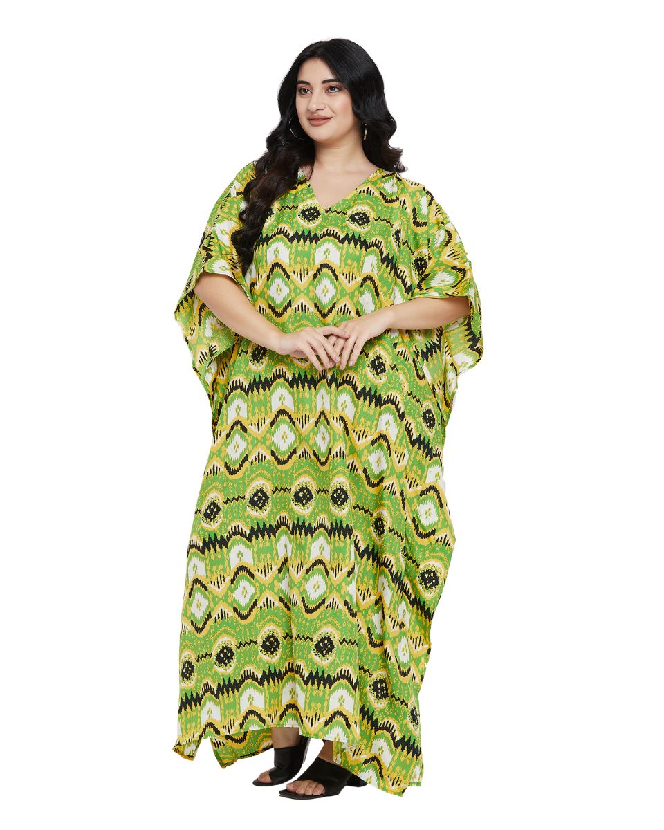 Tribal Printed Green Polyester Kaftan Dress For Plus Size Women