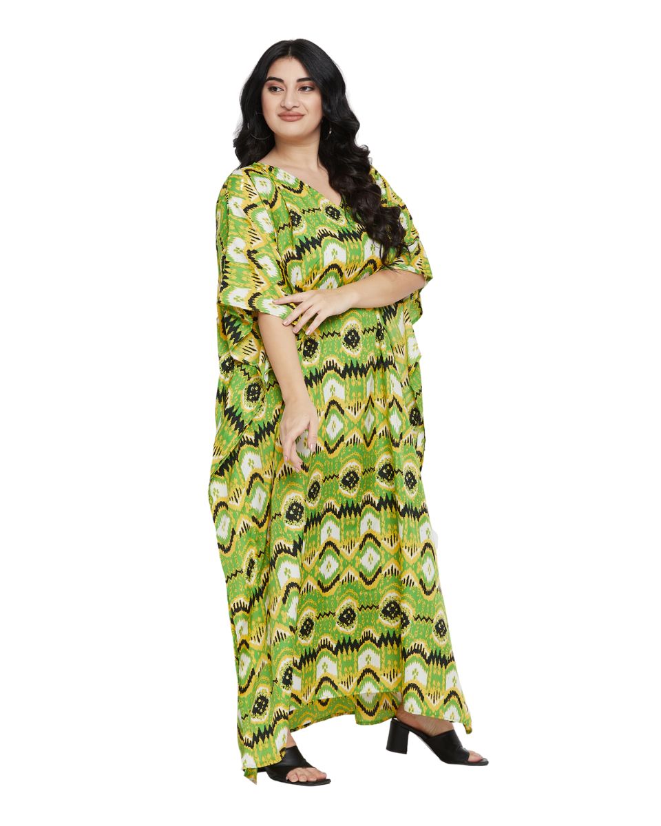 Tribal Printed Green Polyester Kaftan Dress For Plus Size Women