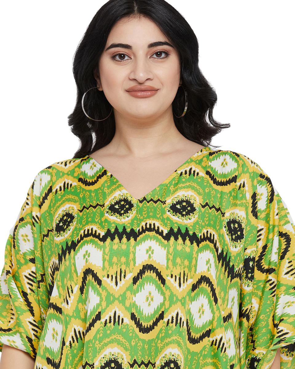 Tribal Printed Green Polyester Kaftan Dress For Plus Size Women