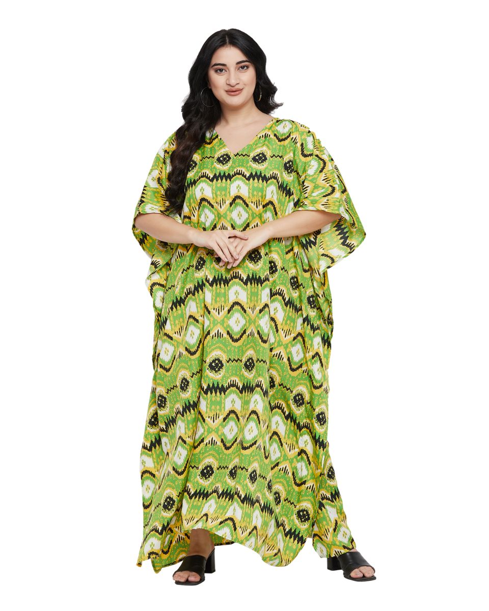 Tribal Printed Green Polyester Kaftan Dress For Plus Size Women