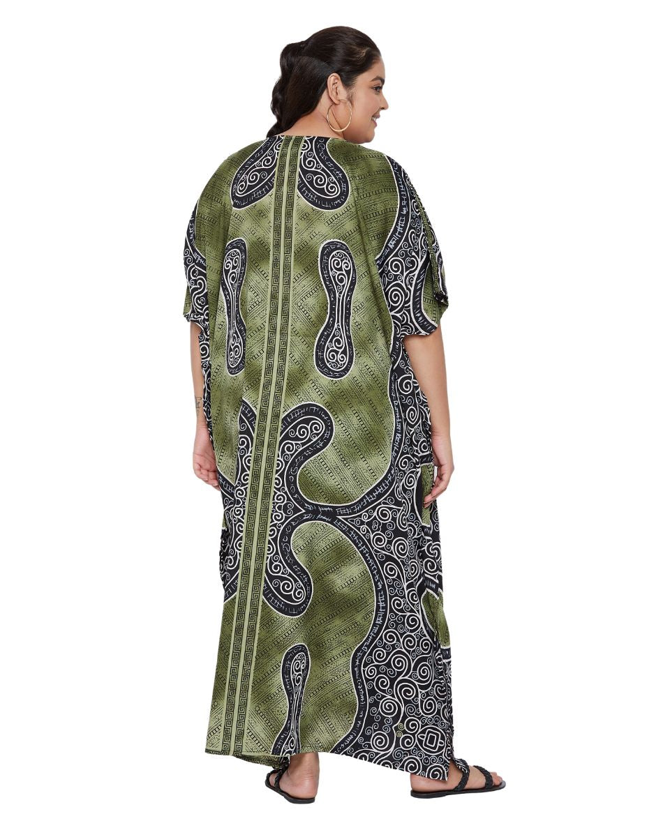 Abstract Printed Moss Green Polyester Kaftan Plus Size Dress For Women