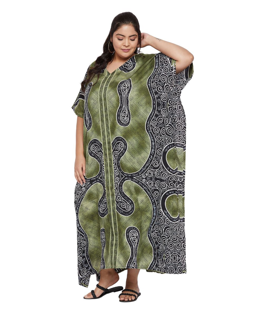 Abstract Printed Moss Green Polyester Kaftan Plus Size Dress For Women