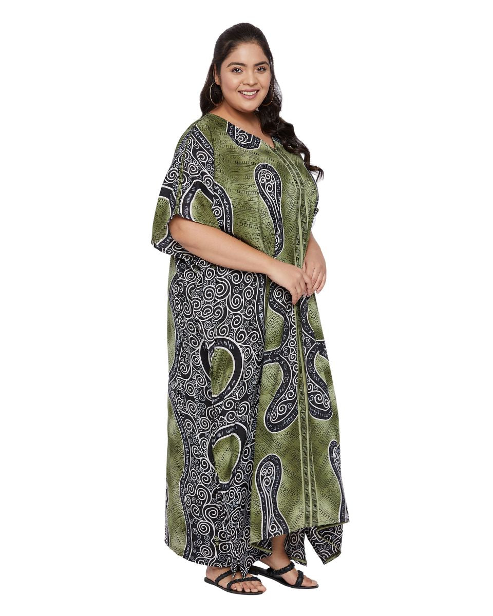 Abstract Printed Moss Green Polyester Kaftan Plus Size Dress For Women