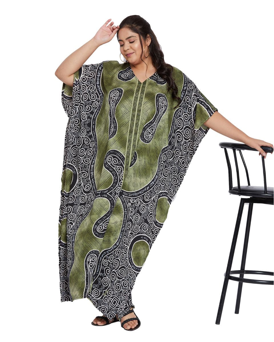 Abstract Printed Moss Green Polyester Kaftan Plus Size Dress For Women