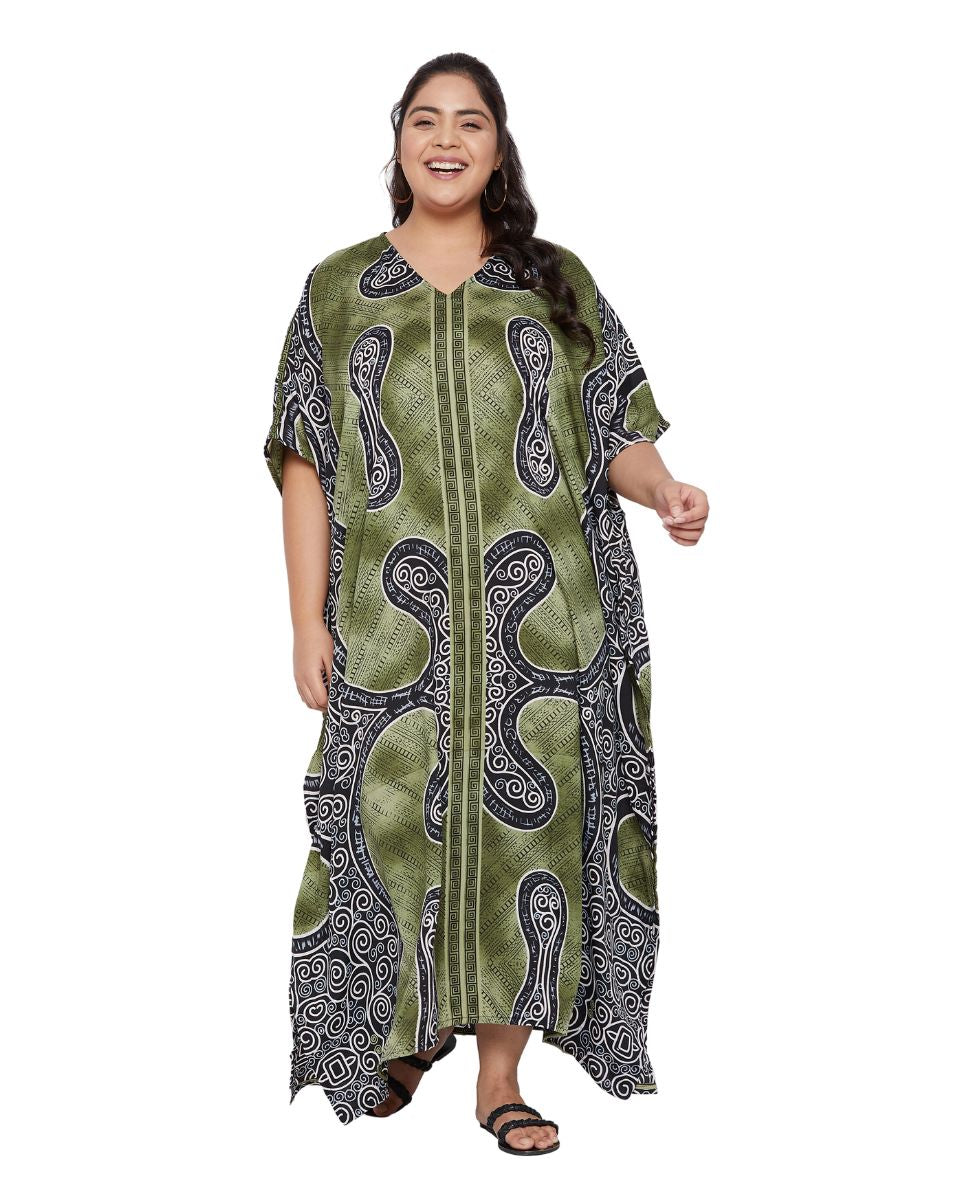 Abstract Printed Moss Green Polyester Kaftan Plus Size Dress For Women