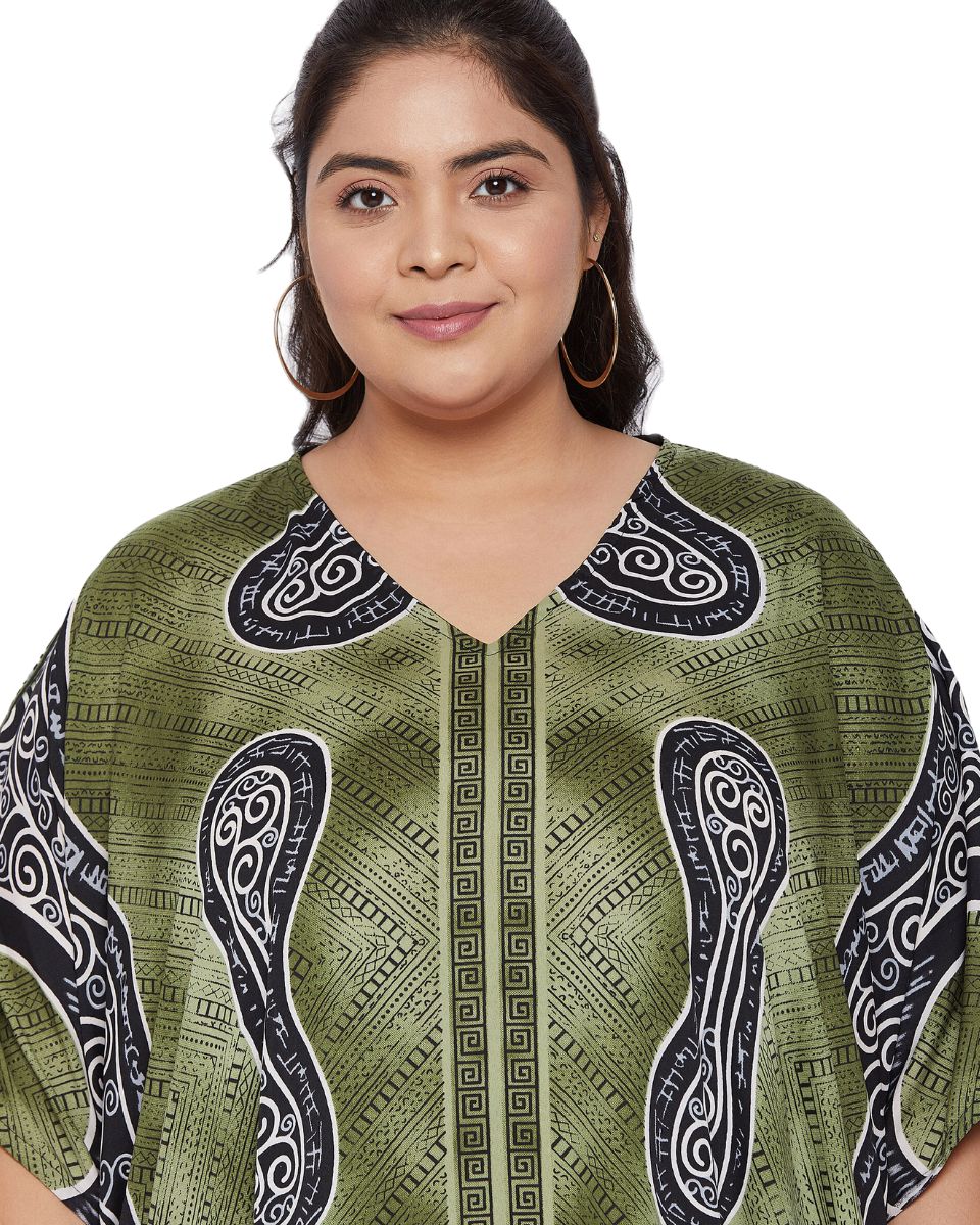 Abstract Printed Moss Green Polyester Kaftan Plus Size Dress For Women