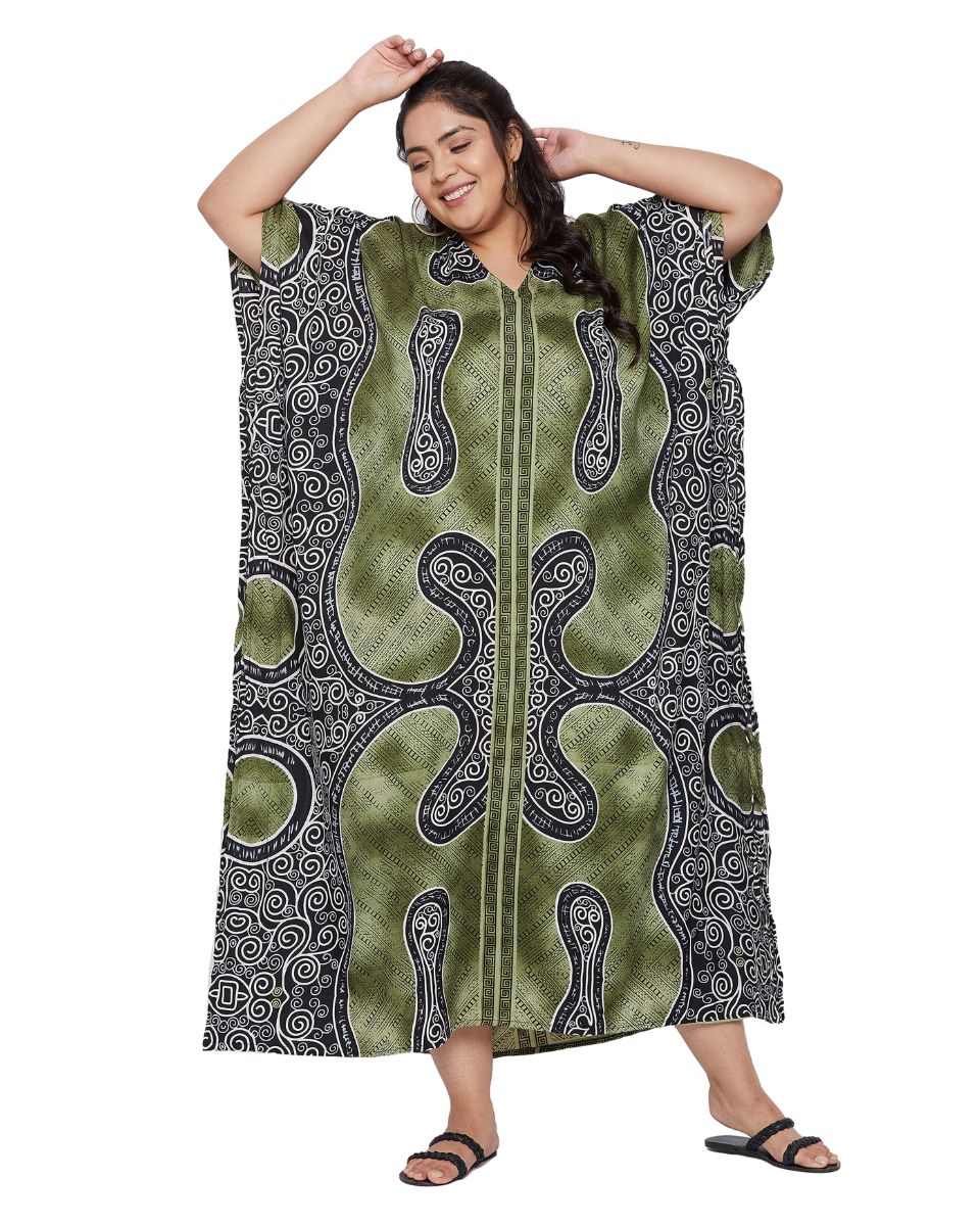 Abstract Printed Moss Green Polyester Kaftan Plus Size Dress For Women