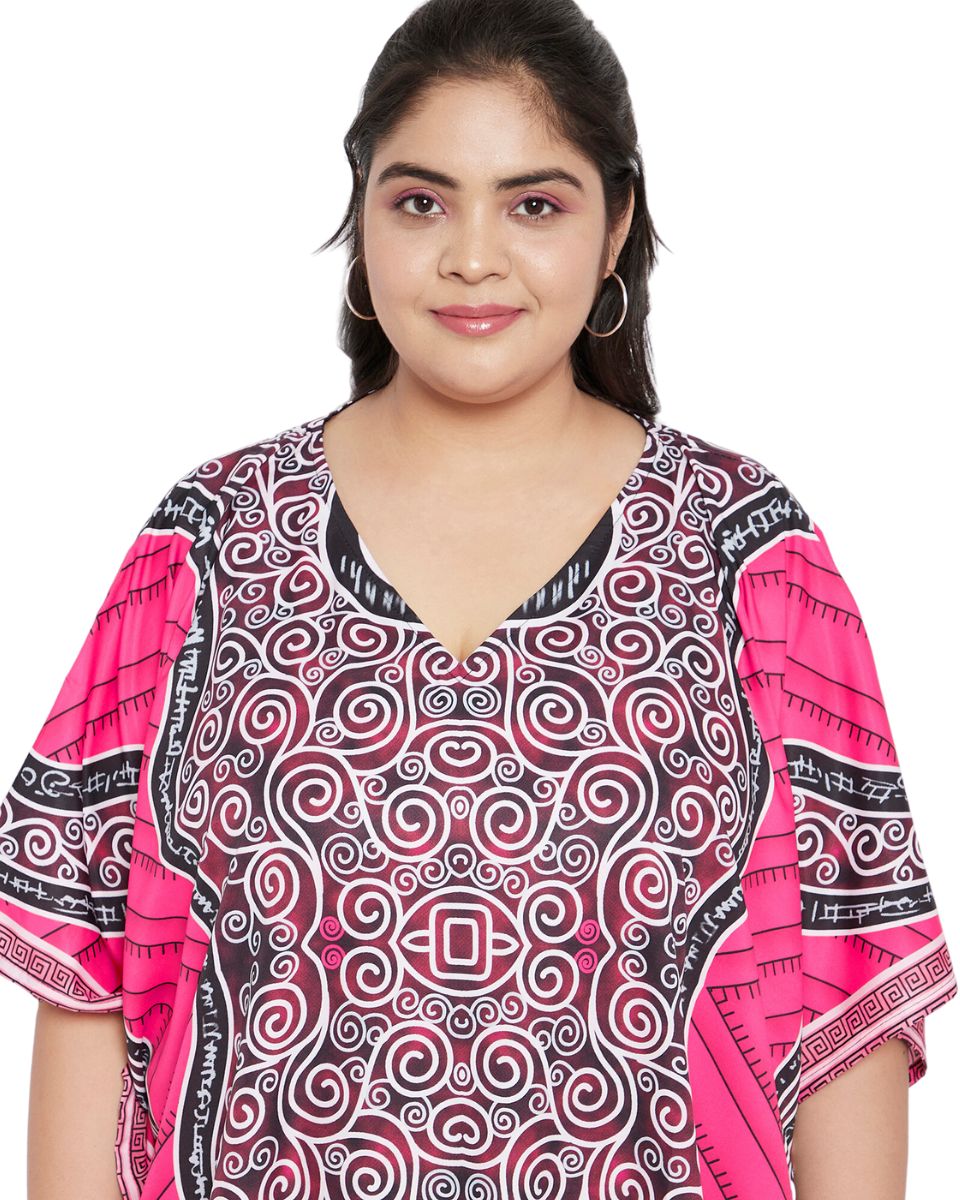 Color Pink Tribal Printed Polyester Kaftan For Plus Size Women
