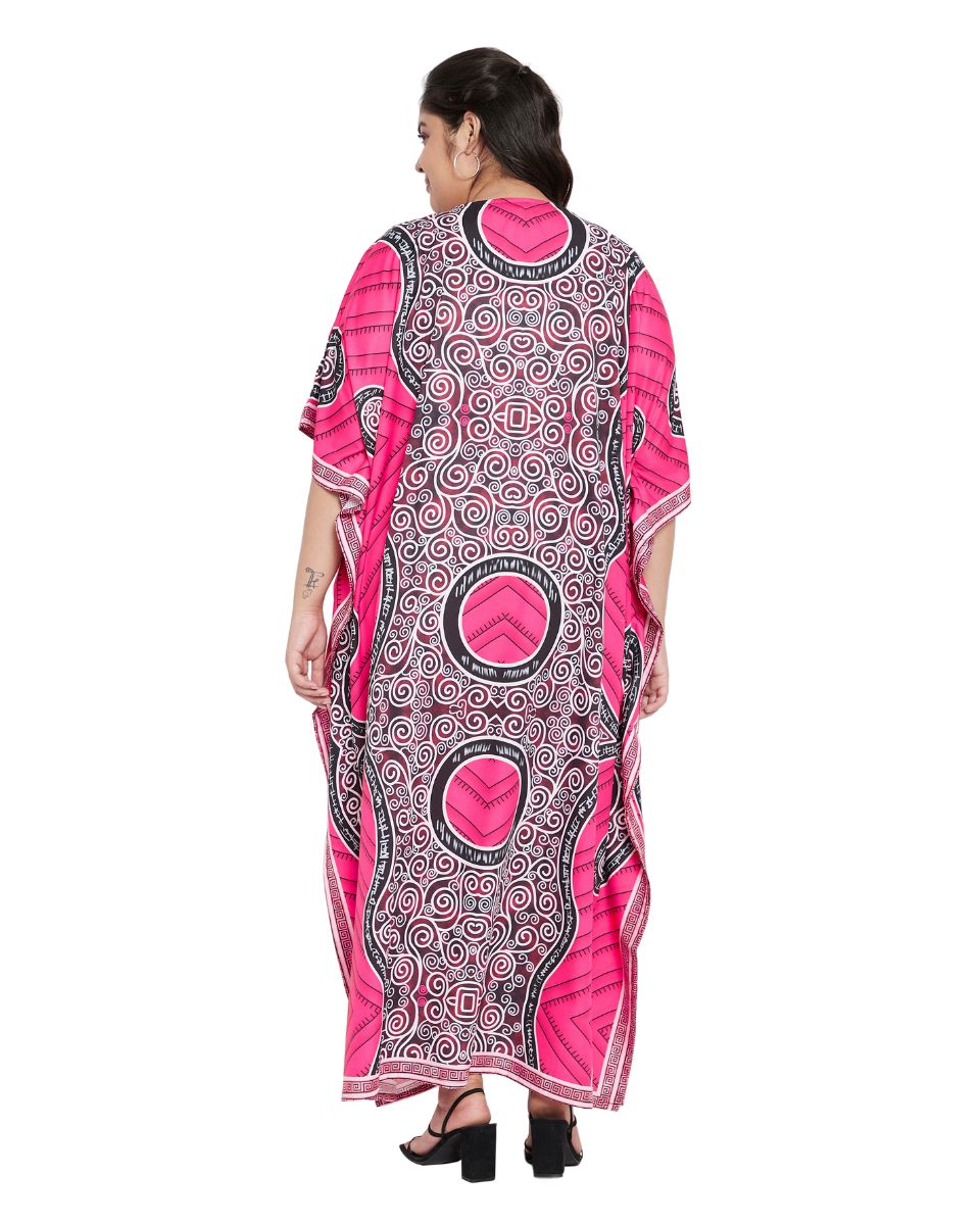 Color Pink Tribal Printed Polyester Kaftan For Plus Size Women