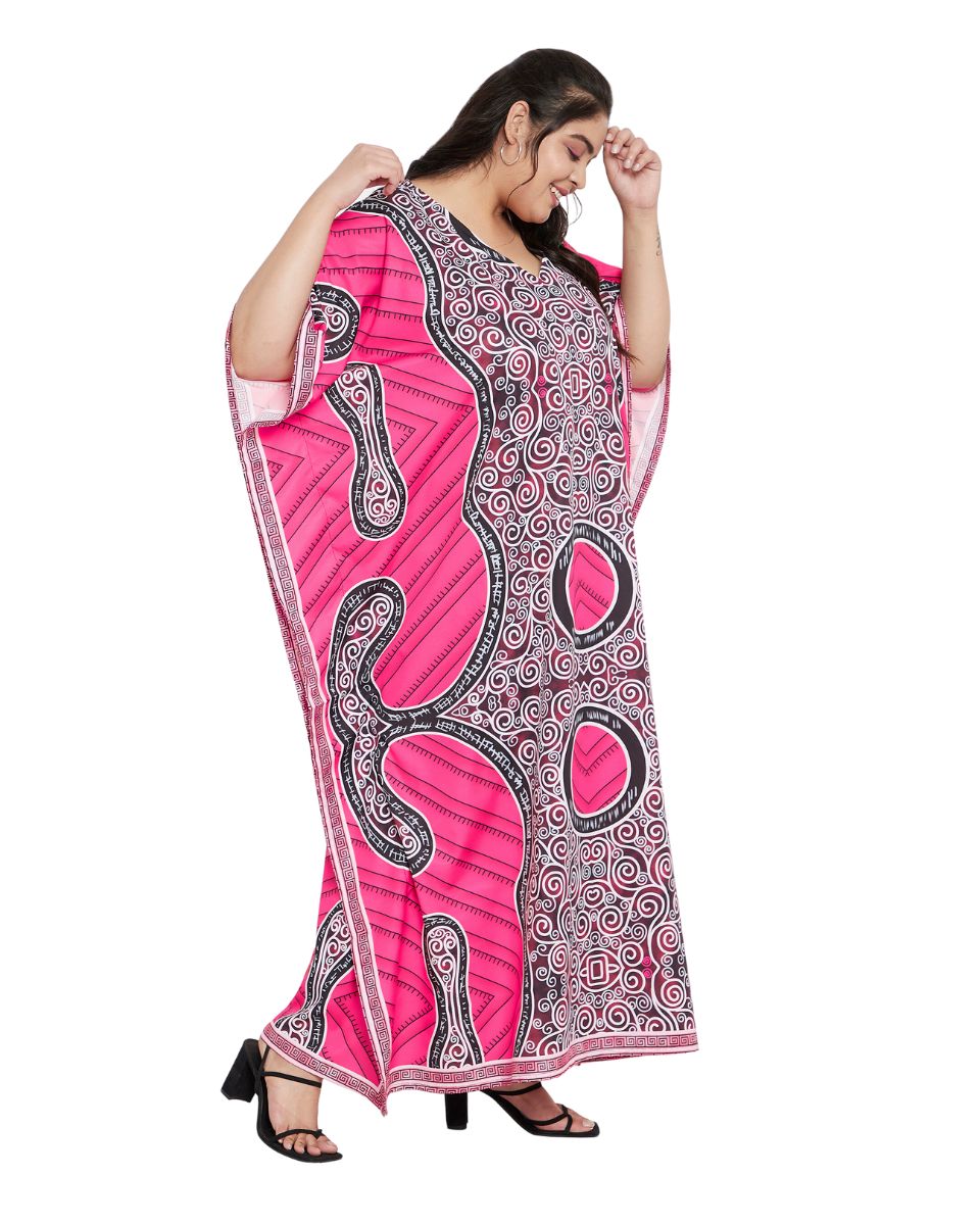 Color Pink Tribal Printed Polyester Kaftan For Plus Size Women