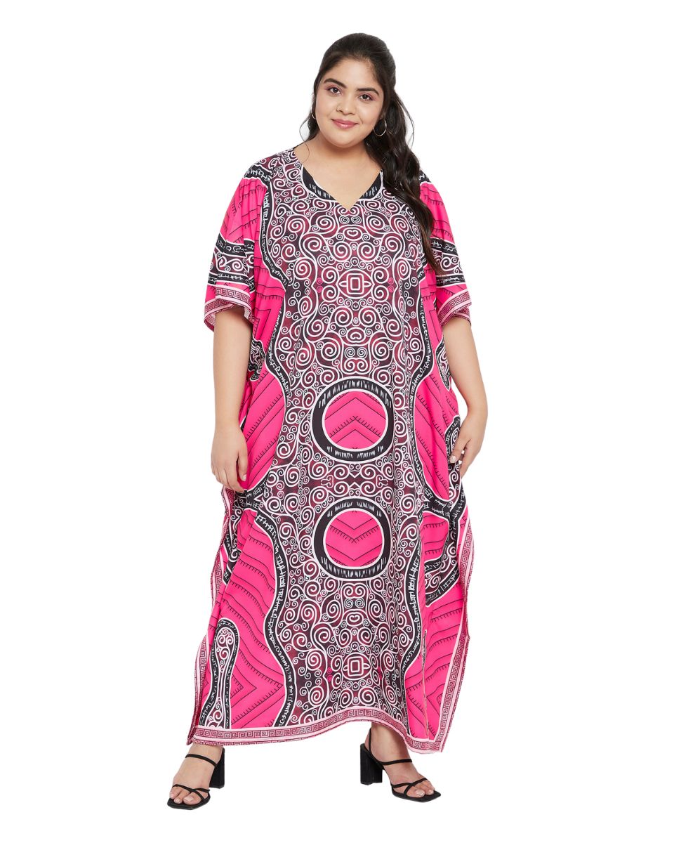 Color Pink Tribal Printed Polyester Kaftan For Plus Size Women