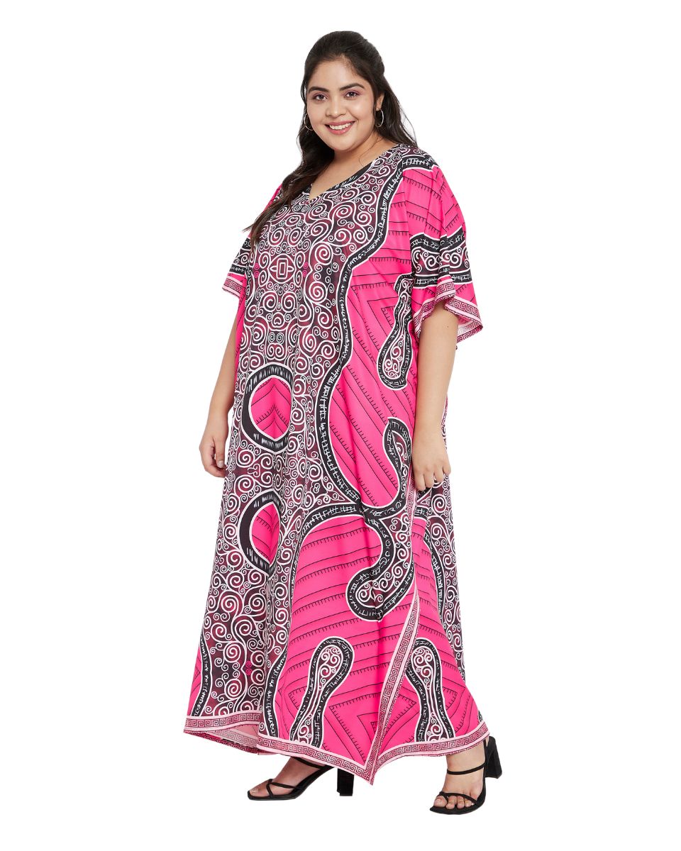 Color Pink Tribal Printed Polyester Kaftan For Plus Size Women