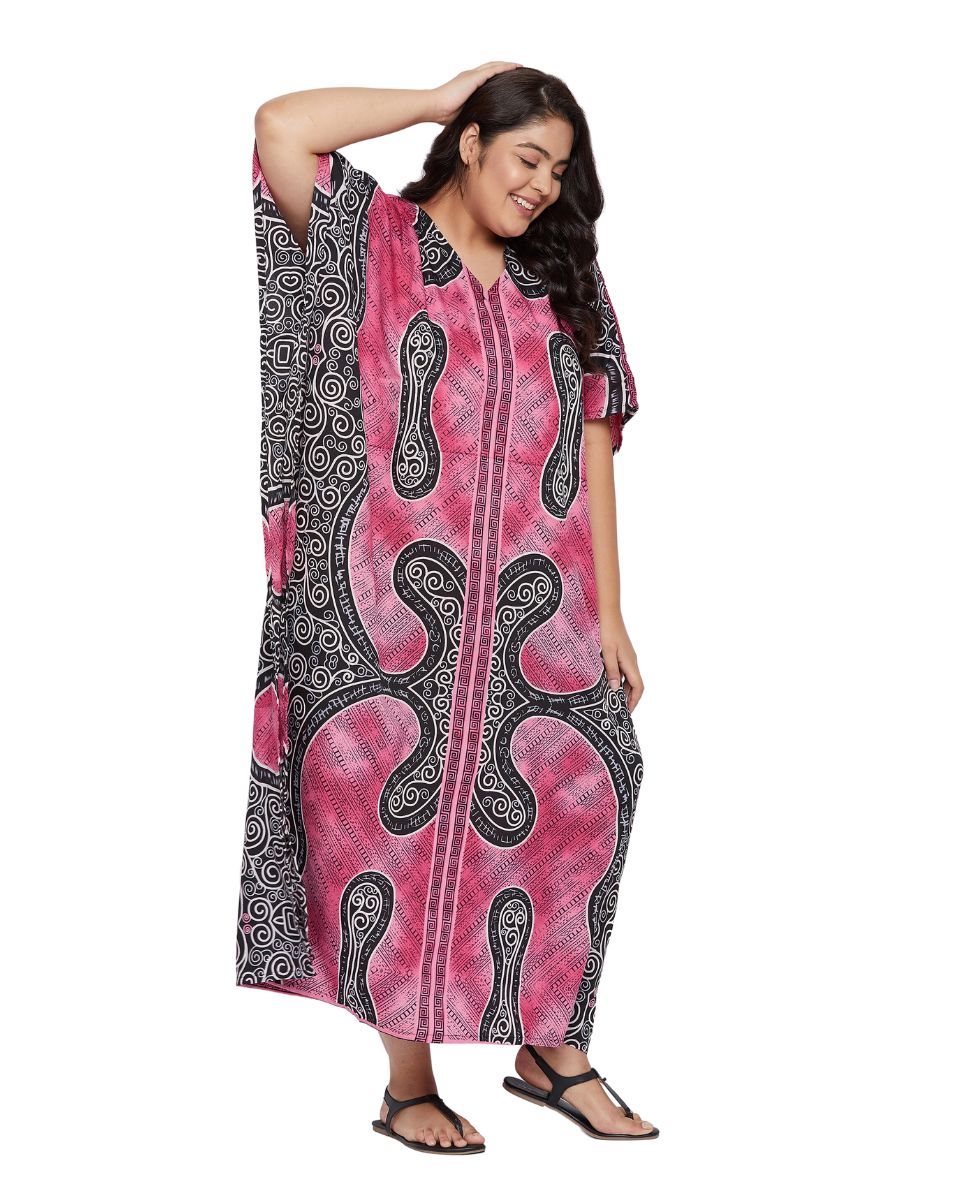 Kaftan Pink Polyester Tribal Printed For Plus Size Women