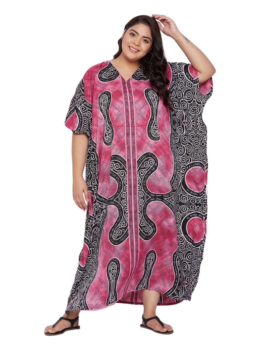 Kaftan Pink Polyester Tribal Printed For Plus Size Women