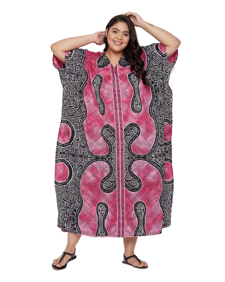 Kaftan Pink Polyester Tribal Printed For Plus Size Women