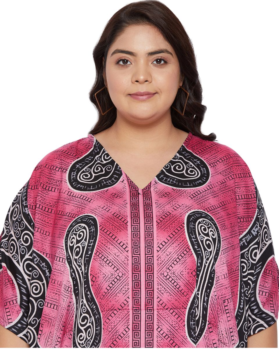 Kaftan Pink Polyester Tribal Printed For Plus Size Women