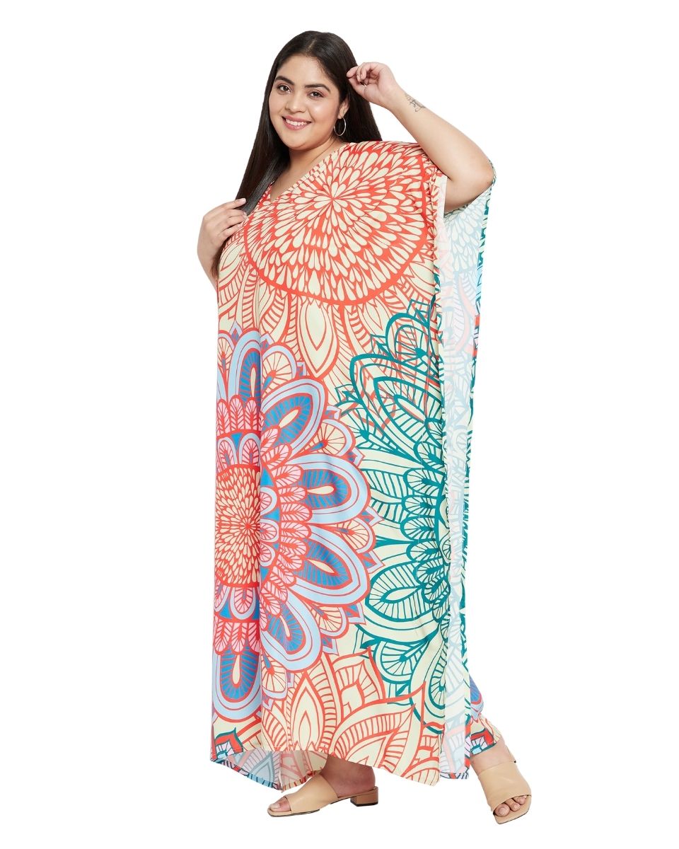 Floral Printed Multicolor Polyester Kaftan Plus Size Dress For Women