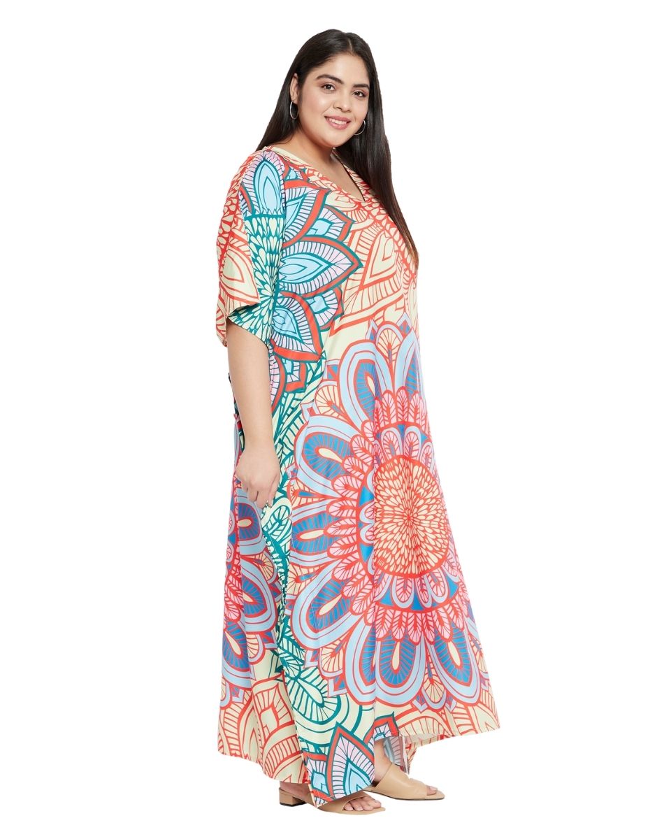 Floral Printed Multicolor Polyester Kaftan Plus Size Dress For Women