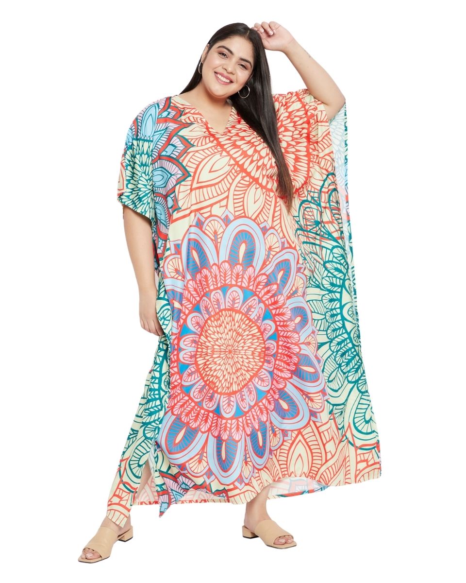 Floral Printed Multicolor Polyester Kaftan Plus Size Dress For Women