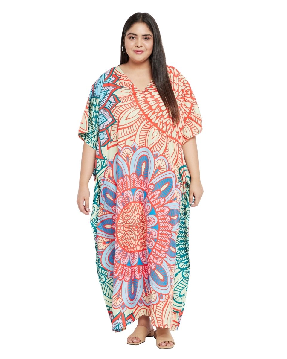 Floral Printed Multicolor Polyester Kaftan Plus Size Dress For Women