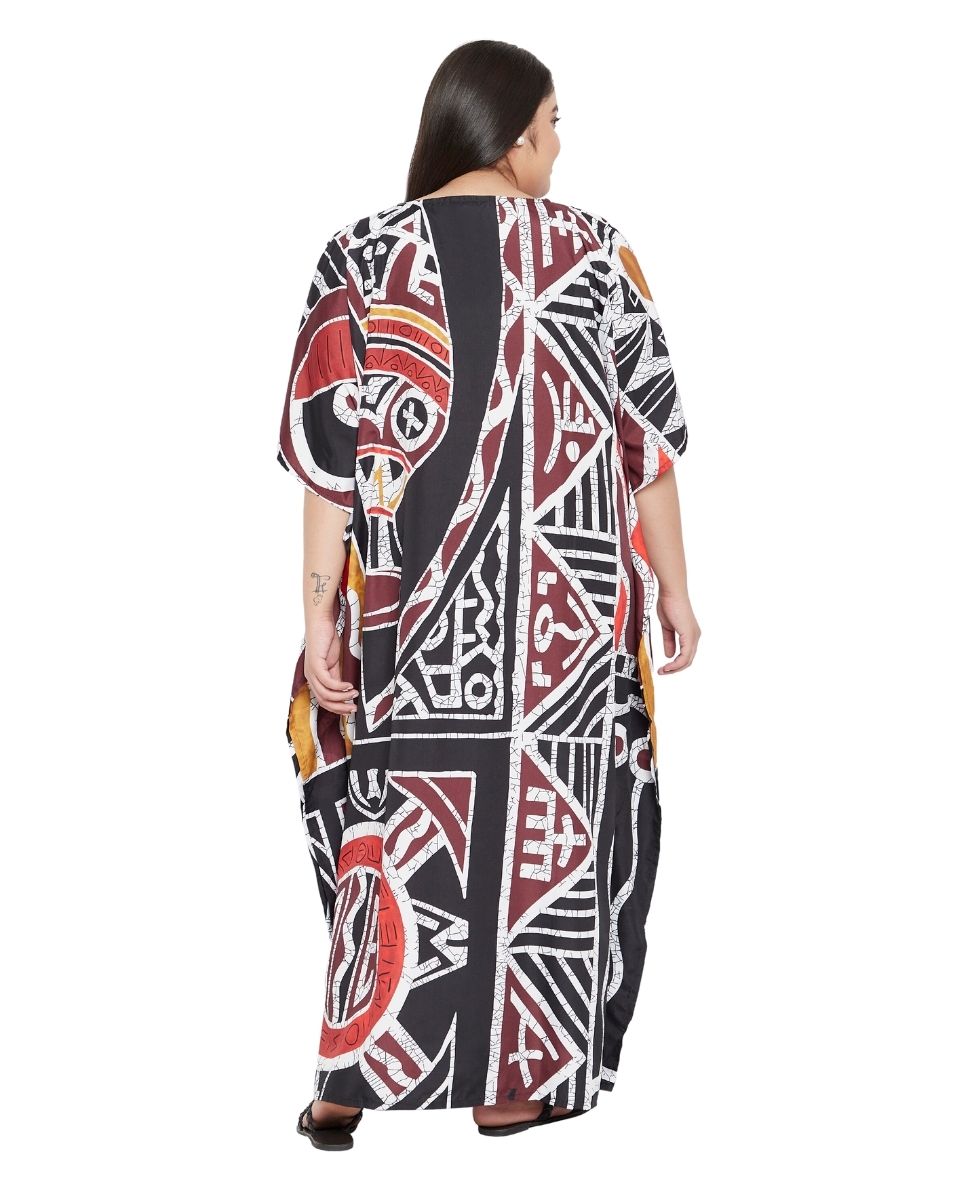 Geometric Printed Black Polyester Kaftan Plus Size Dress For Women