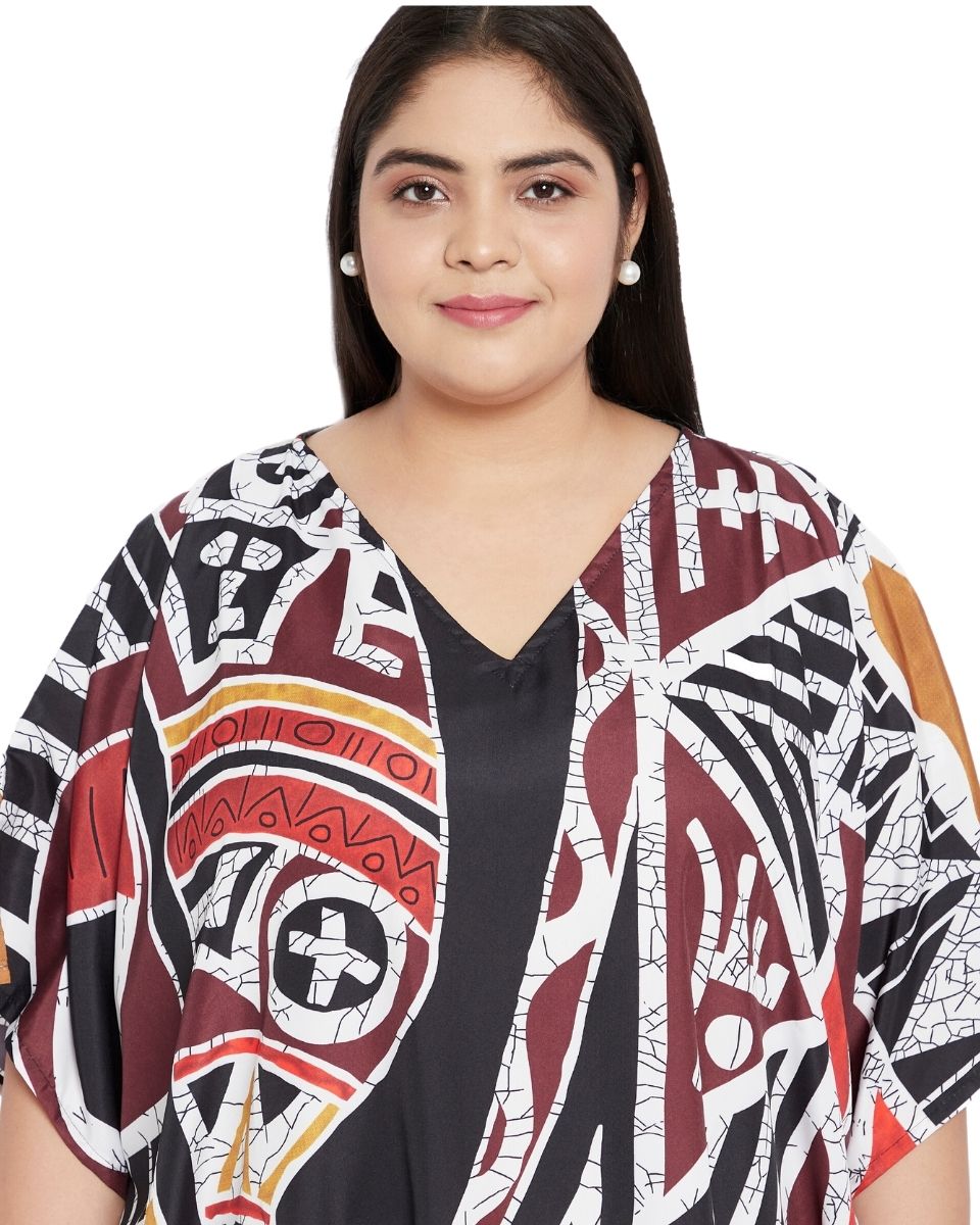 Geometric Printed Black Polyester Kaftan Plus Size Dress For Women