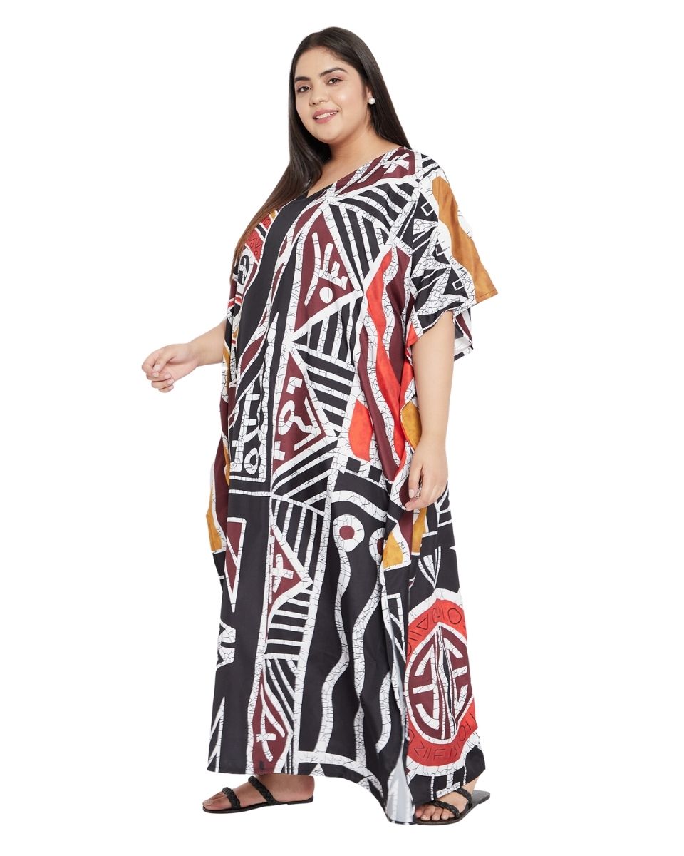 Geometric Printed Black Polyester Kaftan Plus Size Dress For Women