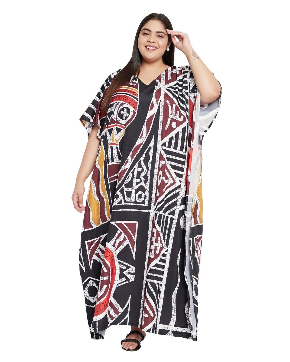 Geometric Printed Black Polyester Kaftan Plus Size Dress For Women
