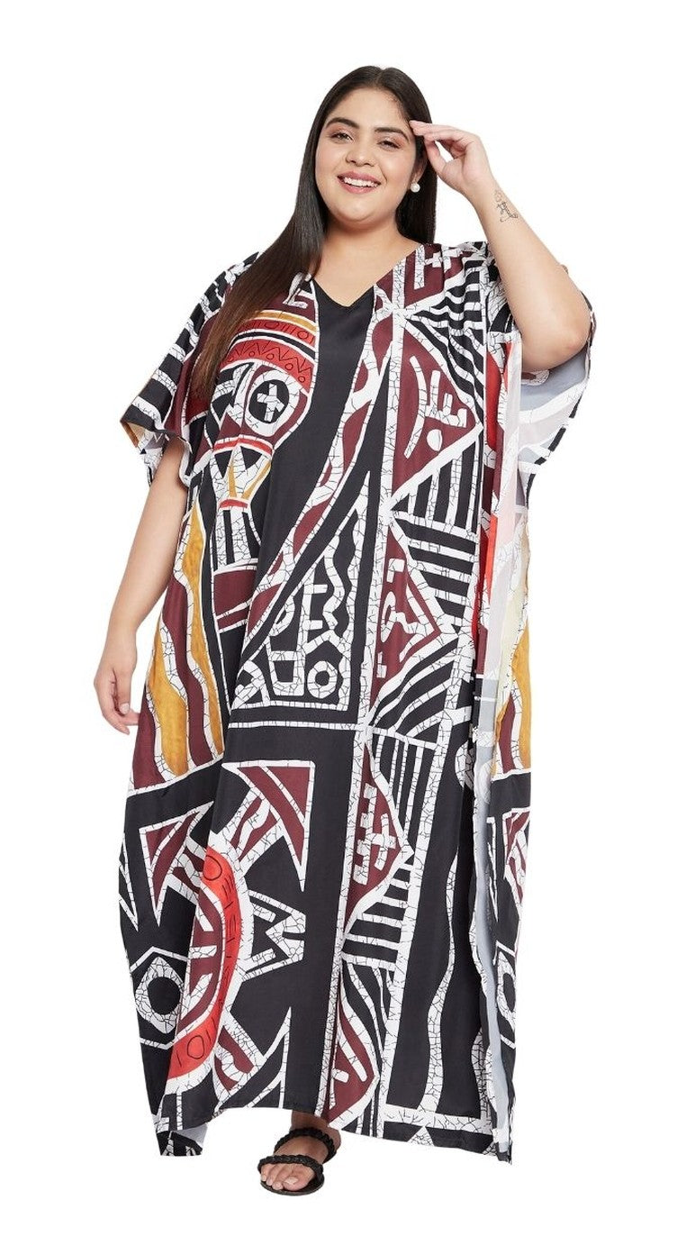 Black and multicolor Aztec tribal geometric print polyester plus size kaftan with V-neck
