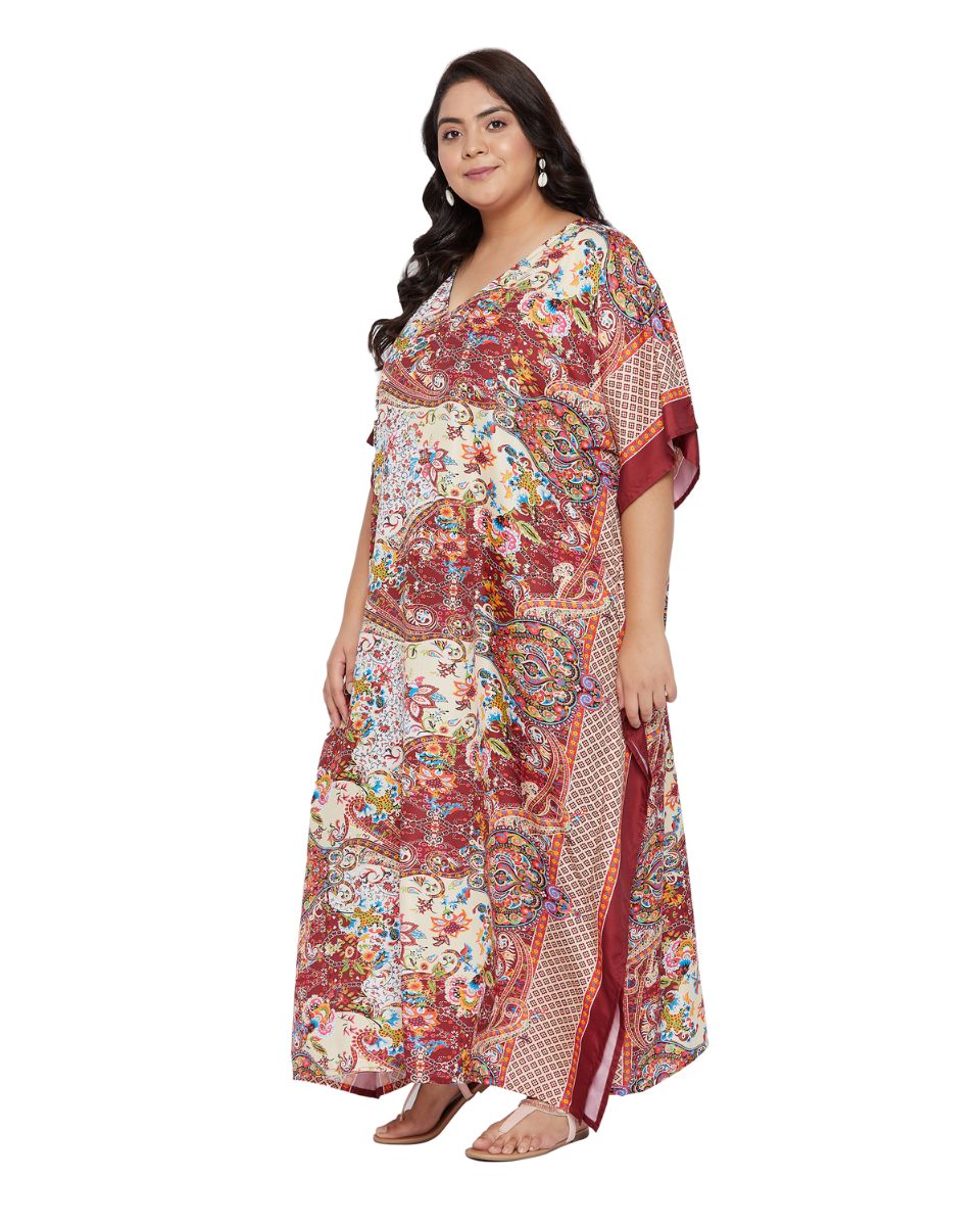 Floral Printed Red Polyester Plus Size Kaftan Dress For Women