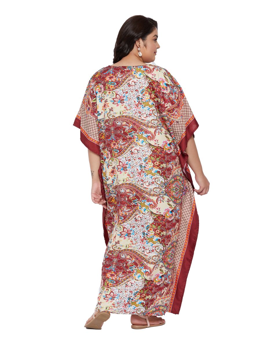 Floral Printed Red Polyester Plus Size Kaftan Dress For Women