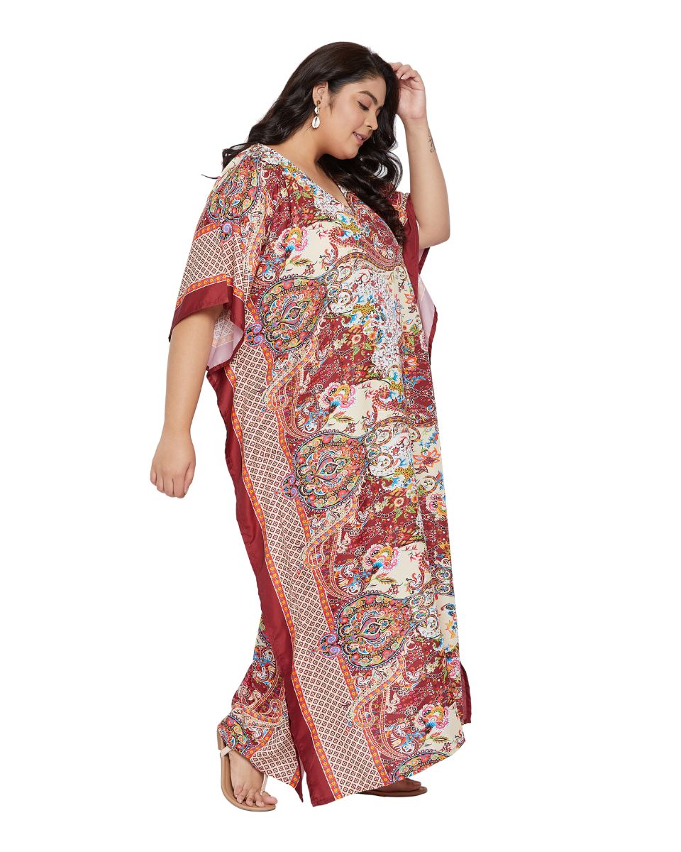 Floral Printed Red Polyester Plus Size Kaftan Dress For Women