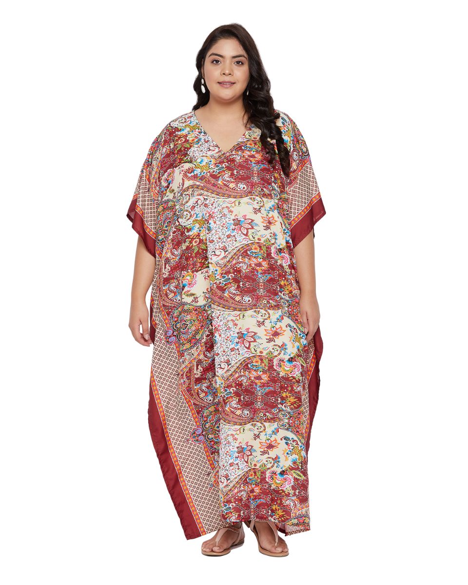 Floral Printed Red Polyester Plus Size Kaftan Dress For Women