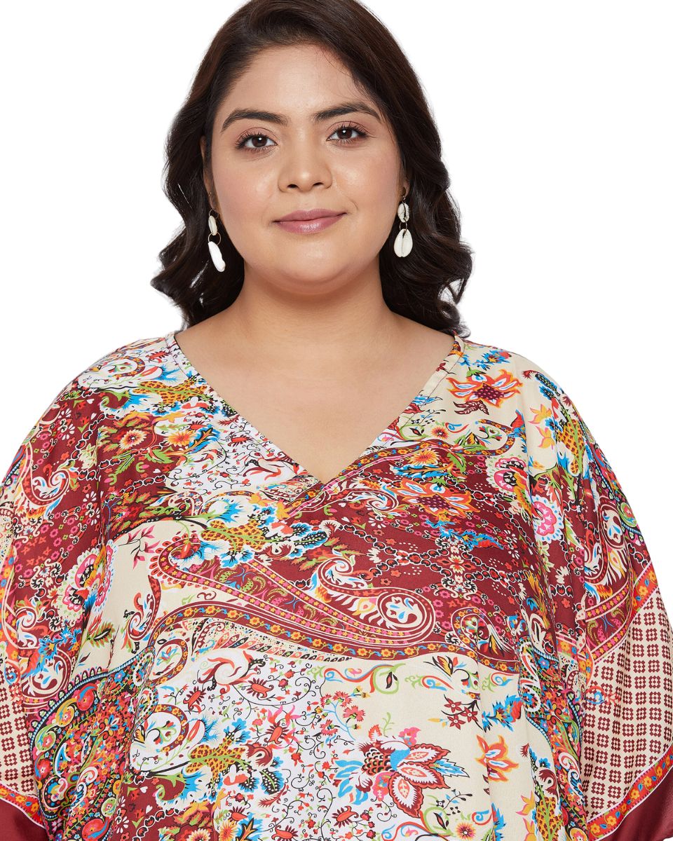 Floral Printed Red Polyester Plus Size Kaftan Dress For Women