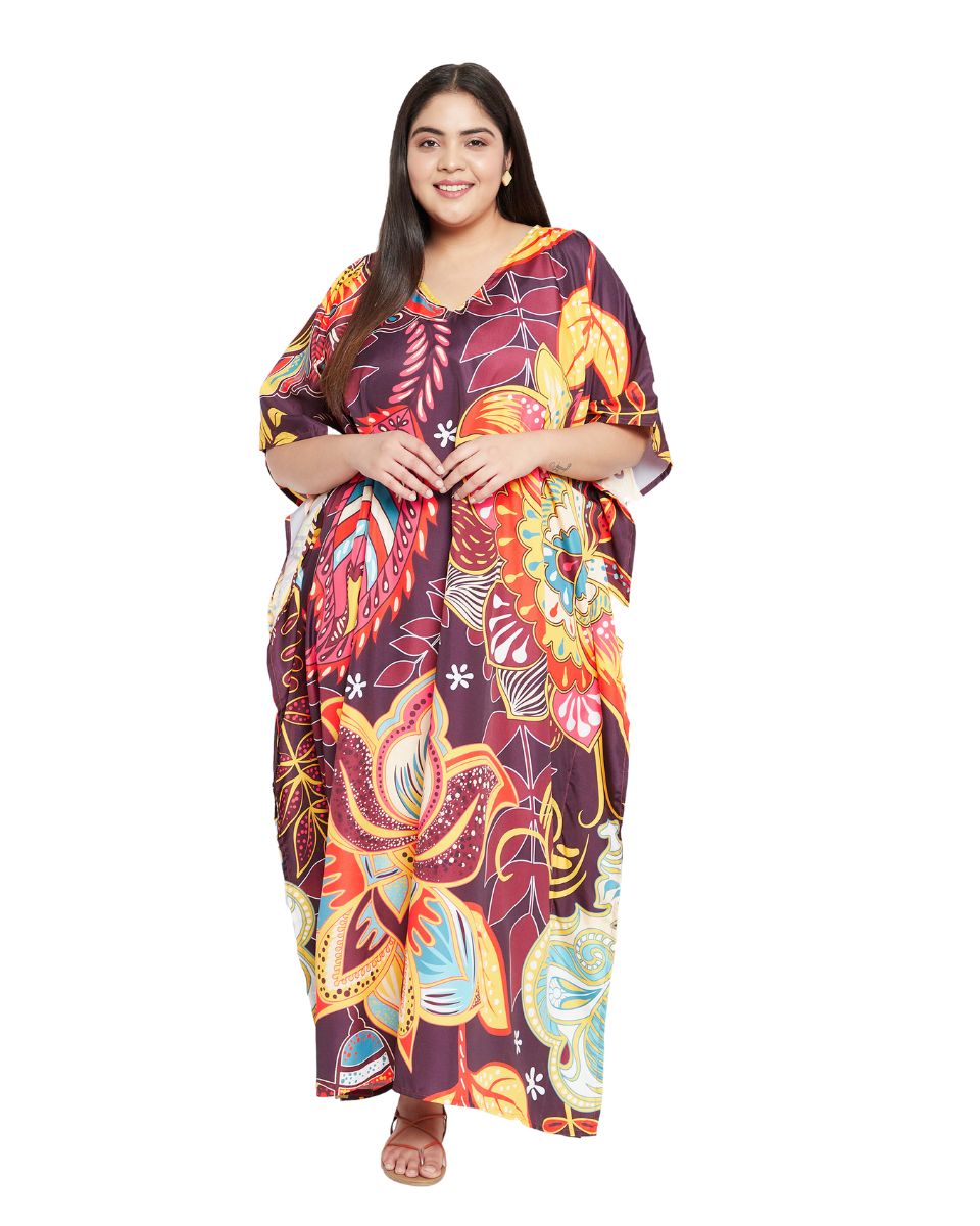 Floral Print Multicolor Polyester Women Plus Size Elegant Caftan Dress
