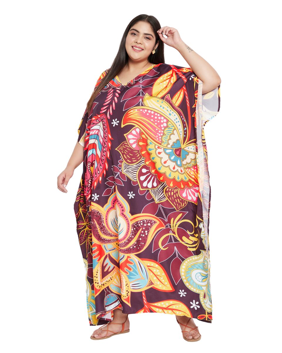 Floral Print Multicolor Polyester Women Plus Size Elegant Caftan Dress