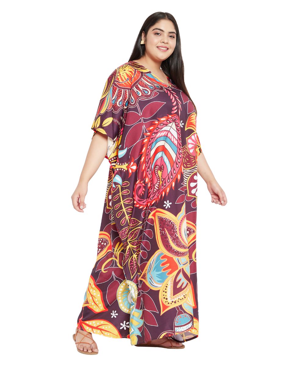 Floral Print Multicolor Polyester Women Plus Size Elegant Caftan Dress