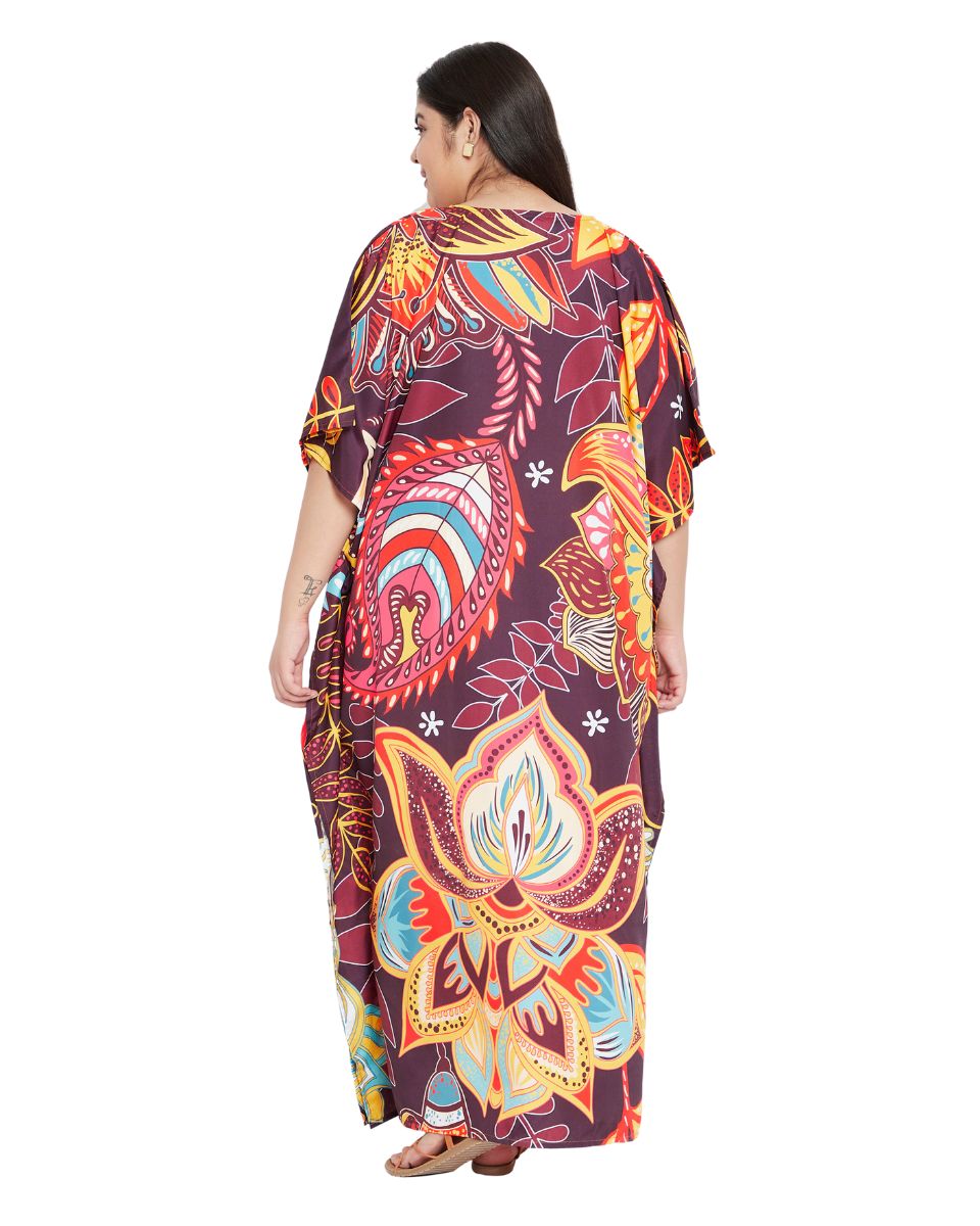 Floral Print Multicolor Polyester Women Plus Size Elegant Caftan Dress