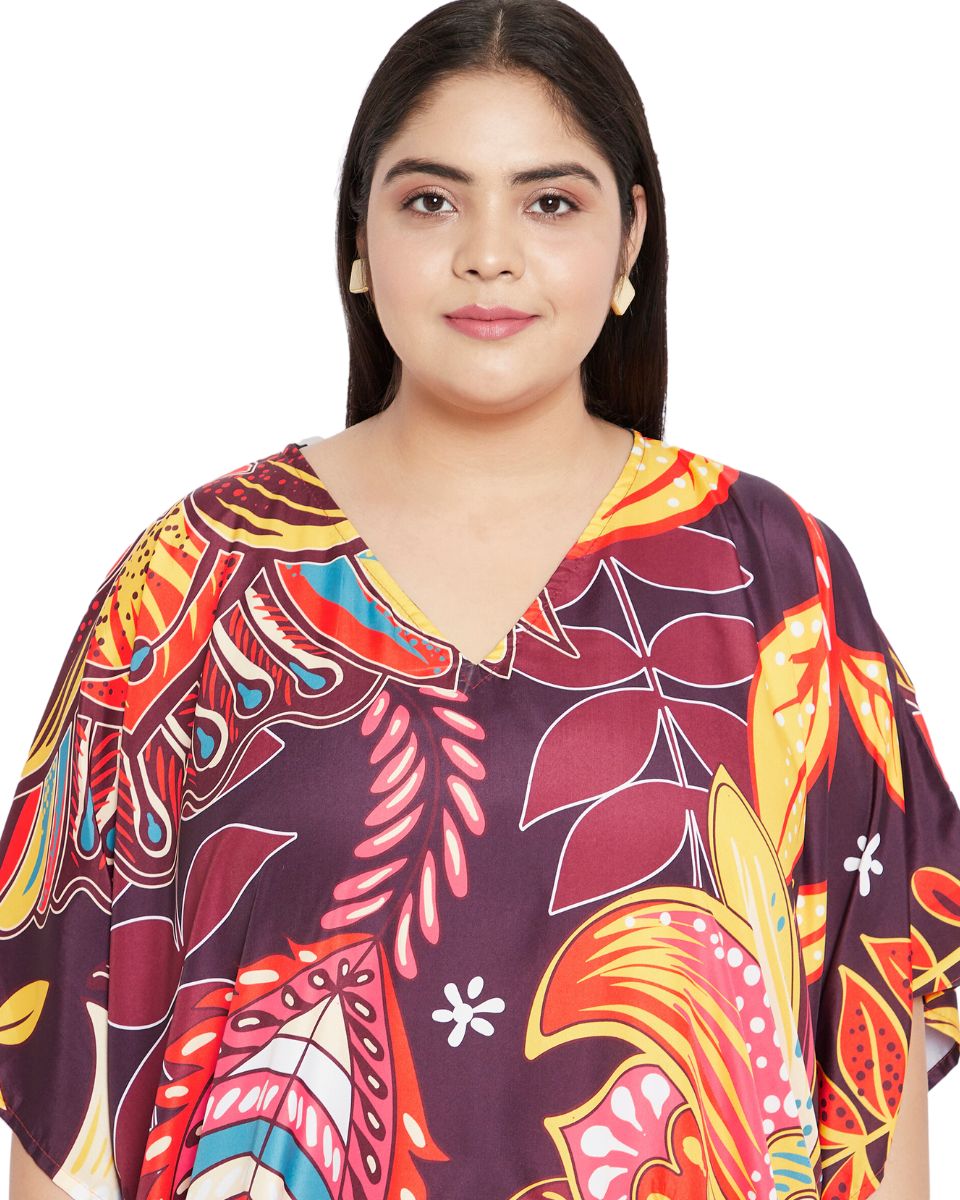 Floral Print Multicolor Polyester Women Plus Size Elegant Caftan Dress