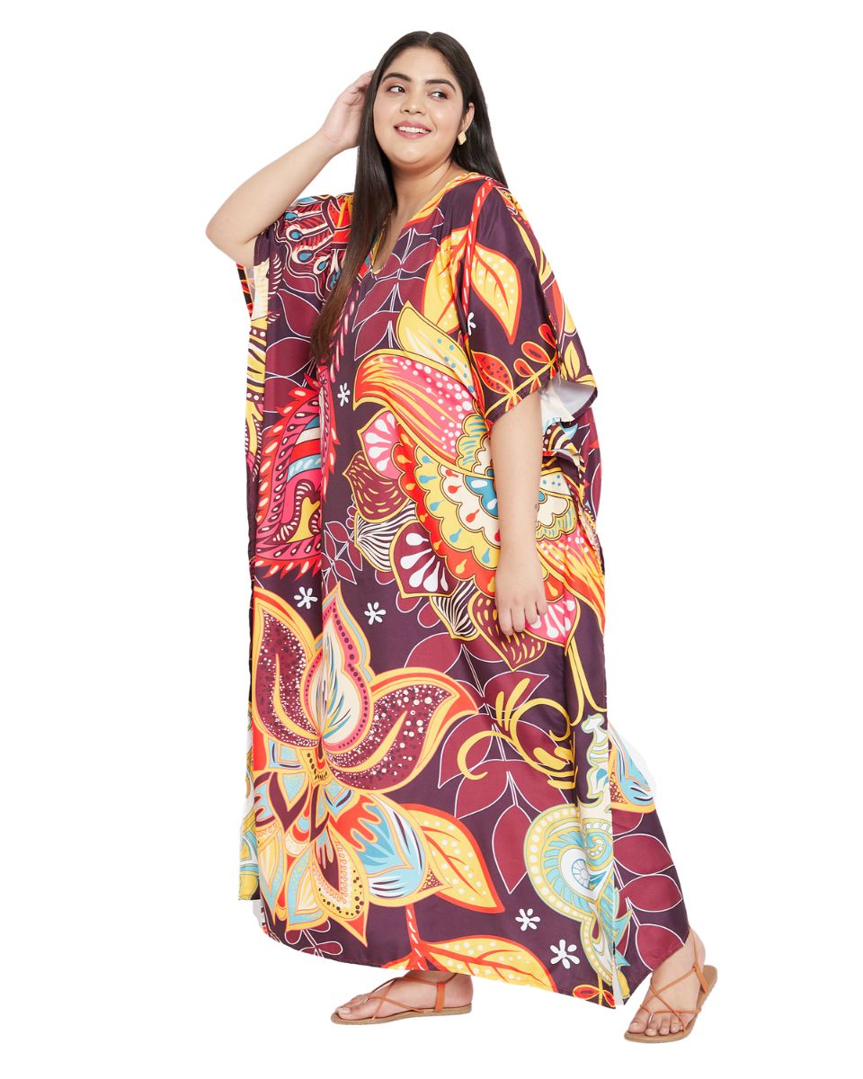 Floral Print Multicolor Polyester Women Plus Size Elegant Caftan Dress