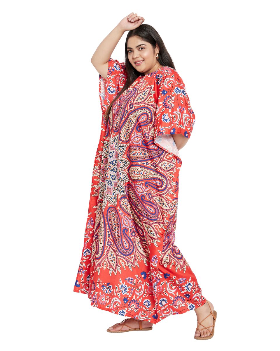 Floral Printed Orange Polyester Plus Size Kaftan Dress For Women