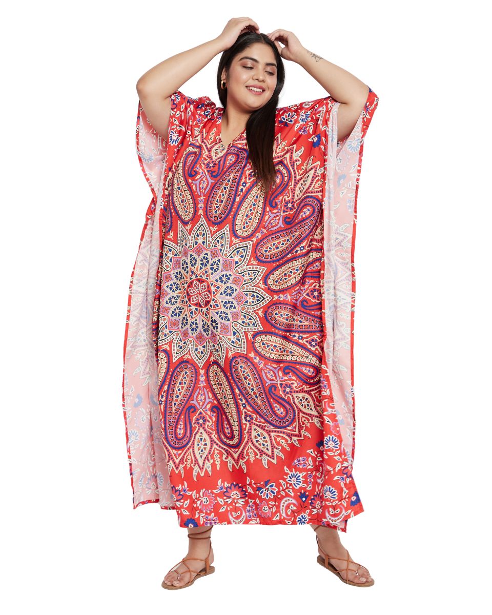 Floral Printed Orange Polyester Plus Size Kaftan Dress For Women
