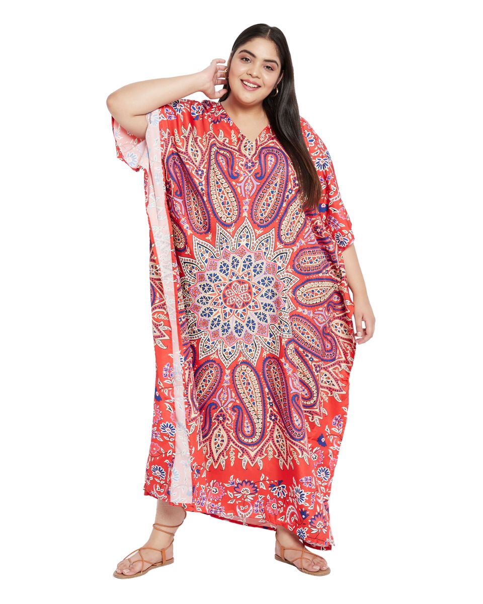 Floral Printed Orange Polyester Plus Size Kaftan Dress For Women