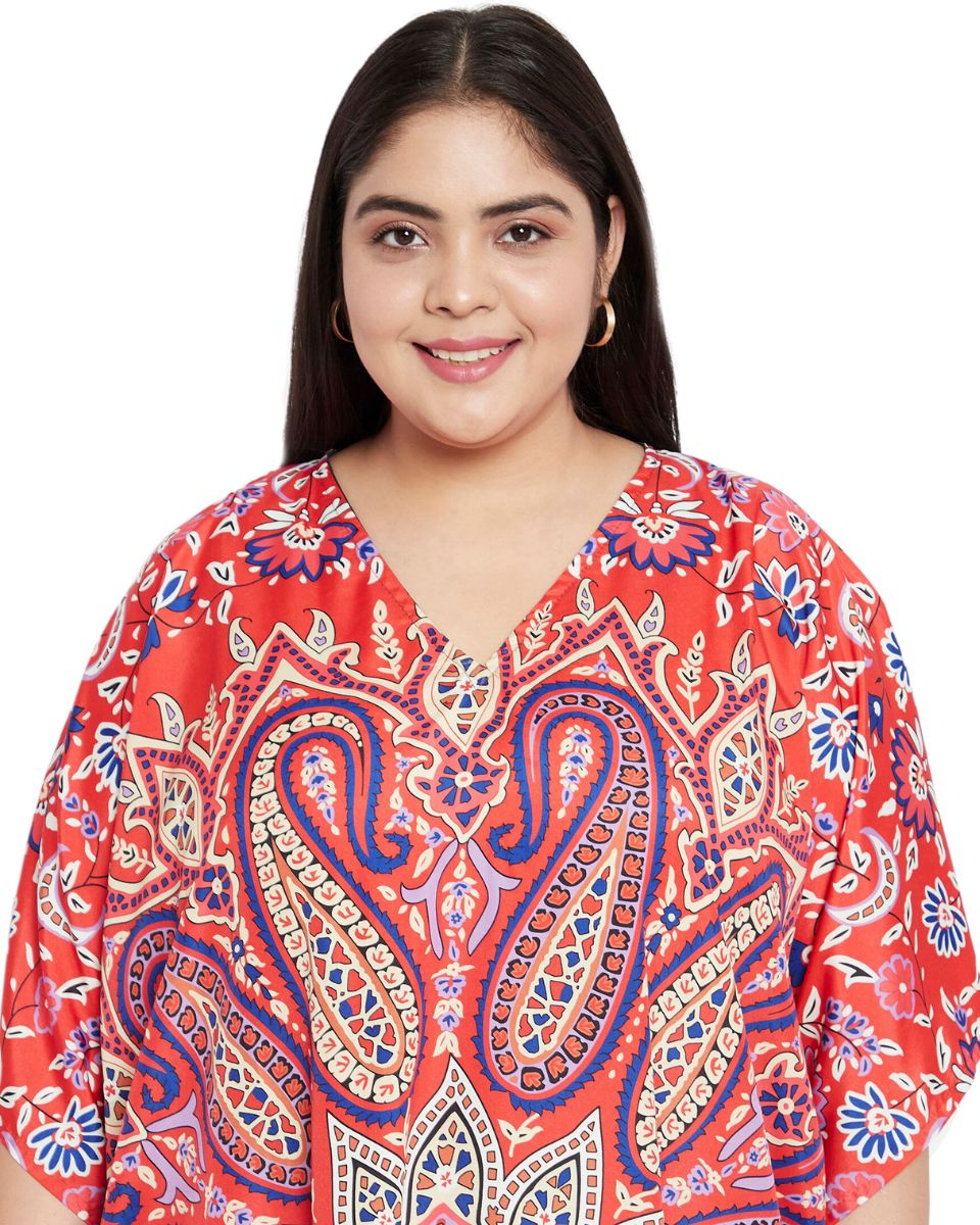 Floral Printed Orange Polyester Plus Size Kaftan Dress For Women