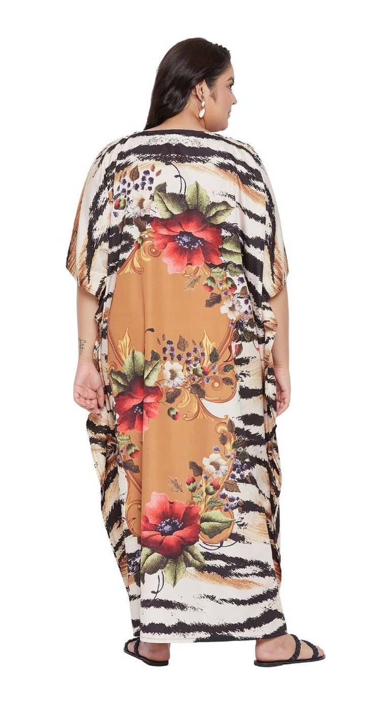 Tan and peach plus size kaftan with abstract floral print and V-neck — alternate view