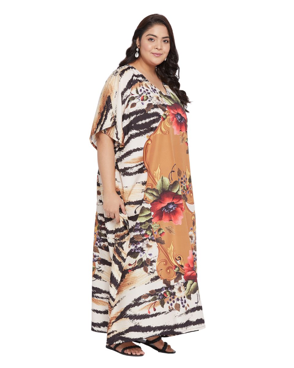 Floral Printed Brown Polyester For Plus Kaftan Dress For Women