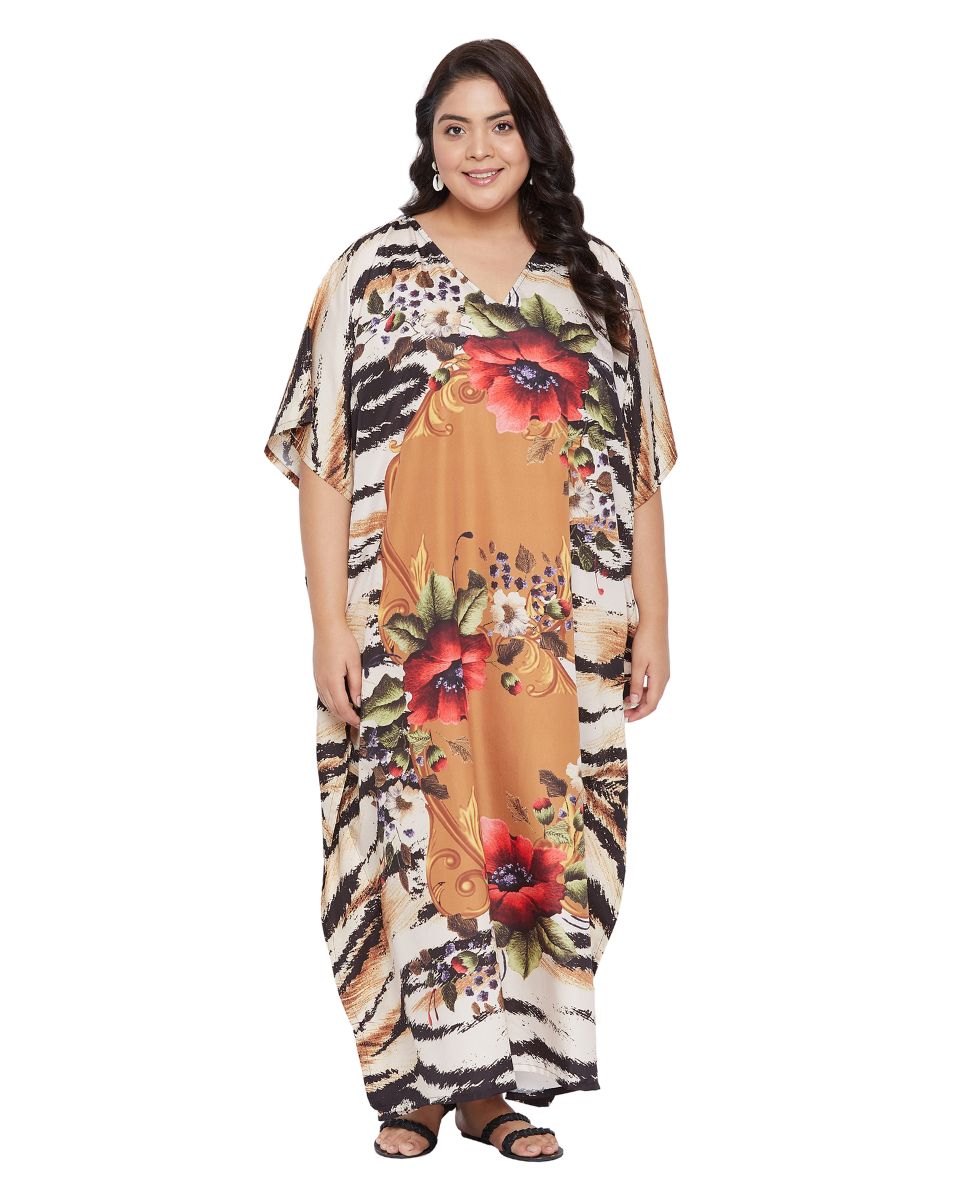 Floral Printed Brown Polyester For Plus Kaftan Dress For Women