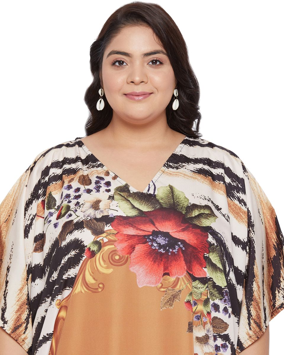 Floral Printed Brown Polyester For Plus Kaftan Dress For Women