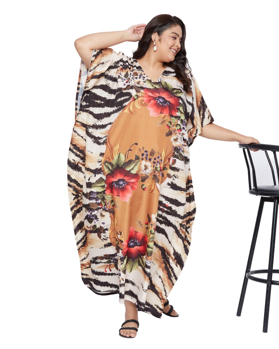 Floral Printed Brown Polyester For Plus Kaftan Dress For Women